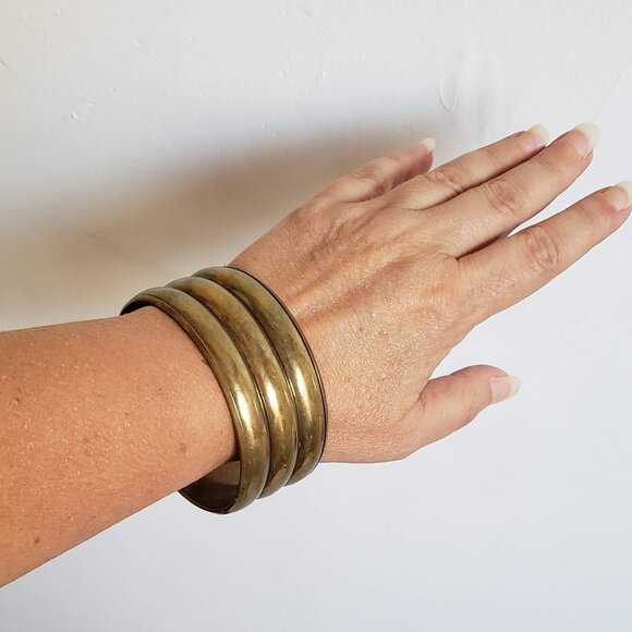 2pcs Vintage BRASS & WOOD Bangles Bracelets Wide Minimalist Modernist - Picture 6 of 12